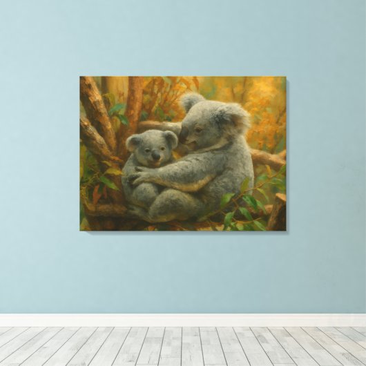 Koala-moeder en Joey in het herfstbladerdak Canvas Afdruk (Insitu (Houten vloer))