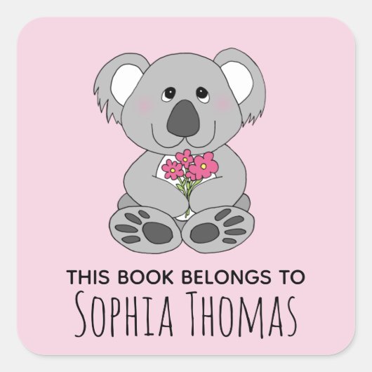 Koala Name Kinder Bookplate Vierkante Sticker (Voorkant)