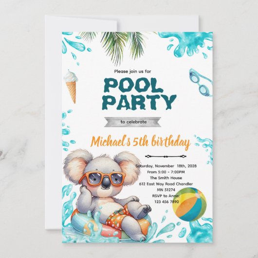 Koala Pool Party Birthday Invitation (Devant)