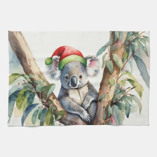 Koala Santa Hat zit in een gumtree Theedoek (Horizontaal)