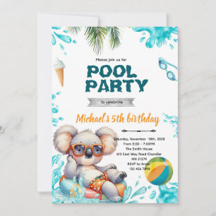 Koala zwembadfeest verjaardagsuitnodiging kaart