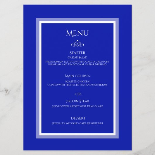 Kobalt blauw aanpasbaar menu voor bruiloft (Voorkant)