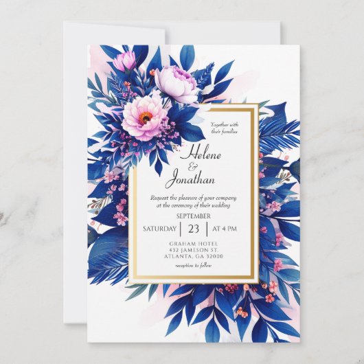 Kobalt Blauw Blush Roze Bloemen Edelende Huwelijk Kaart (Voorkant)