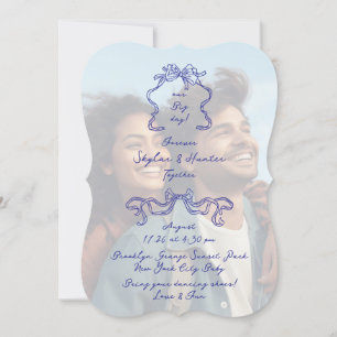 Kobalt Blauw Boho Doodle Overlay Foto Huwelijk Kaart