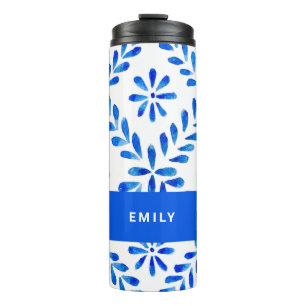 Kobalt Blauw en Wit Mediterraan Aangepaste Naam Thermosbeker