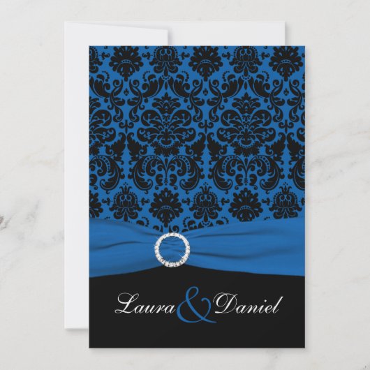 Kobalt Blauw en Zwart Damast bruiloft uitnodiging (Voorkant)