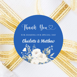 Kobalt blauw witte bloemen hart dank u bruiloft ronde sticker