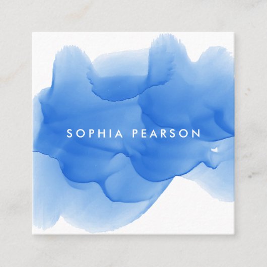 Kobalt Blauwe Waterverf Blot QR Code Vierkante Visitekaartje (Voorkant)