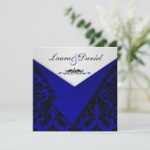 Kobalt Blue en Black Damask Wedding Invitation Kaart (Staand voorkant)