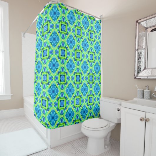 Kobalt Blue en Lime Green Tie Dye Pattern Douchegordijn (In situ)