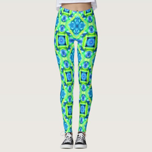 Kobalt Blue en Lime Green Tie Dye Pattern Leggings (Voorkant)