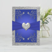 Kobalt Blue en Pewter Heart Monogram Uitnodiging t (Staand voorkant)
