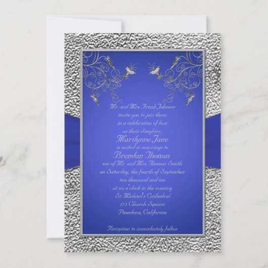 Kobalt Blue en Pewter Heart Monogram Uitnodiging t (Achterkant)