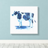 Kobalt Blue Farm Animals - Koe Canvas Afdruk (Insitu (Houten vloer))