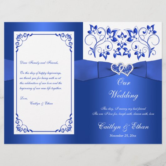 Kobalt Blue, White Floral Hearts Wedding Programme (Voorkant)