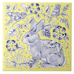 Kobalt Blue Yellow Rabbit Bird Woodland Floral Tegeltje