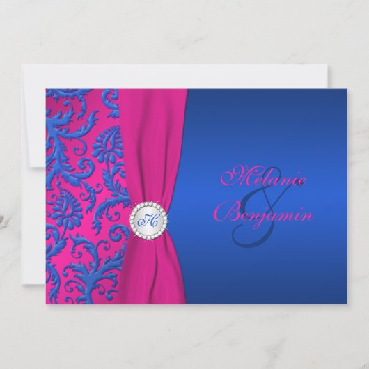 Kobalt en Fuchsia Damask bruiloft uitnodiging (Voorkant)