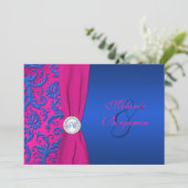 Kobalt en Fuchsia Damask bruiloft uitnodiging (Staand voorkant)