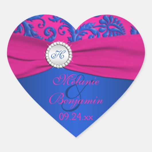 Kobalt en Fuchsia Damask Heart Shaped Sticker (Voorkant)
