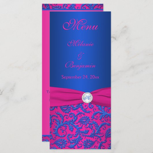 Kobalt en Fuchsia Damask Menu Kaart (Voorkant / Achterkant)