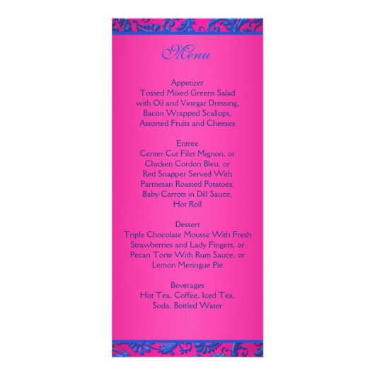 Kobalt en Fuchsia Damask Menu Kaart 2 (Achterkant)