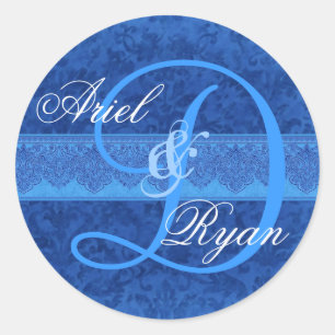 Kobalt en Sky Blue Damask Bruiloft Monogram V2 Ronde Sticker