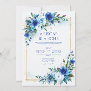 Kobalt Korenbloem Aquarel Bruiloft Kaart