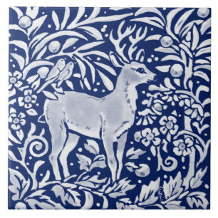 Kobalt Navy Blue Woodland Animal Deer Bird Floral Tegeltje