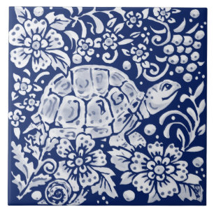 Kobalt Navy Blue Woodland Turtle Snail Floral Tegeltje