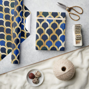 Kobaltblauw en gouden Art Deco marmerpatroon Cadeaupapier