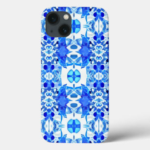 Kobaltblauw en wit batiktegelpatroon iPhone 13 hoesje