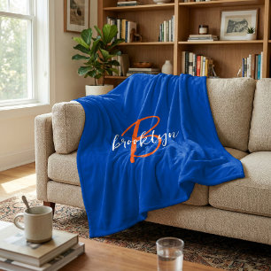 Kobaltblauw Oranje Wit Schrift Monogram Naam Fleece Deken