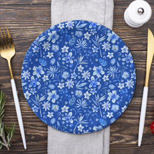Kobaltblauw Tropische Bloemen en Bladtenpatroon 7" Papieren Bordje