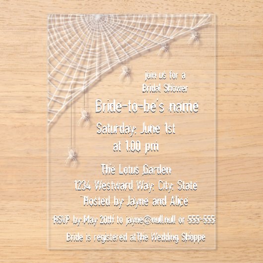 Kobwebben en White Spiders Bridal Shower Invitatio Acryl Uitnodigingen (Voorkant)