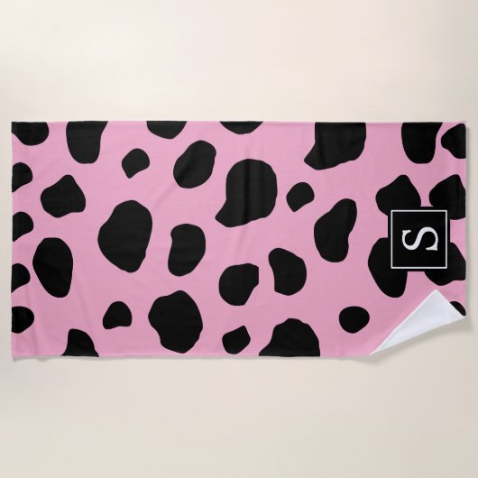 Koe afdrukken, Koe vlekken, roze Koe, monogram Strandlaken (Voorkant)