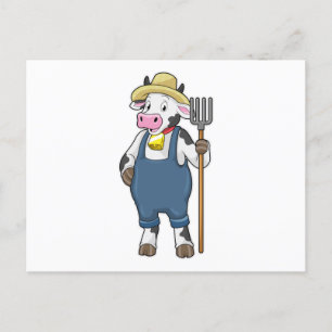 Koe als boer met hooivork briefkaart