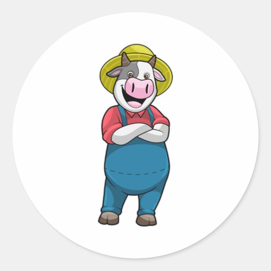 Koe als landbouwer met Pet Ronde Sticker (Voorkant)