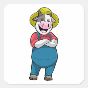 Koe als landbouwer met Pet Vierkante Sticker