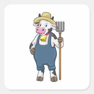 Koe als landbouwer met Pitchfork Vierkante Sticker