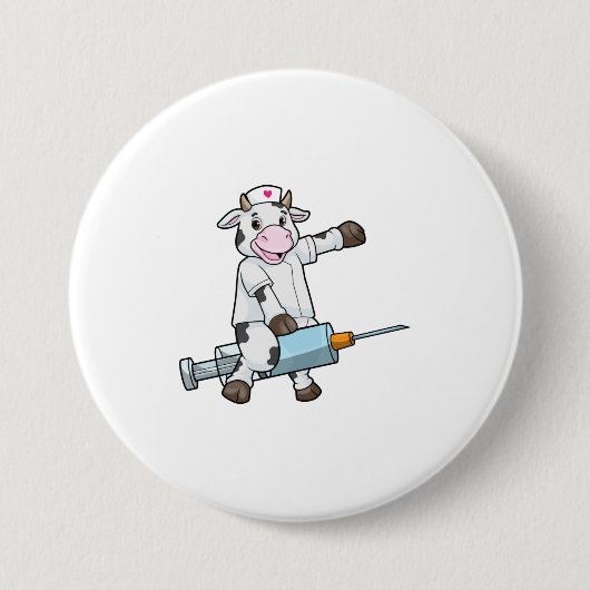 Koe als verpleegster met hart en spuit ronde button 7,6 cm (Voorkant)