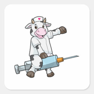 Koe als verpleegster met hart en spuit vierkante sticker