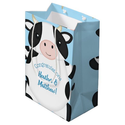 Koe Baby shower blauw Medium Cadeauzakje (Achterkant Gekanteld)