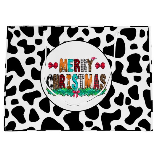 Koe Black White Patches Merry Kerstmis Groot Cadeauzakje (Voorkant)