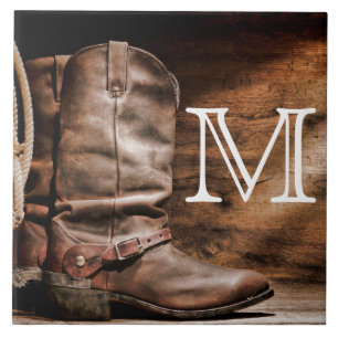 Koe Boy Boots Spur Country Monogram Display Tile Tegeltje