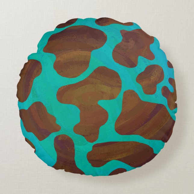 Koe bruin en Blauwgroen afdrukken Rond Kussen (Voorkant)