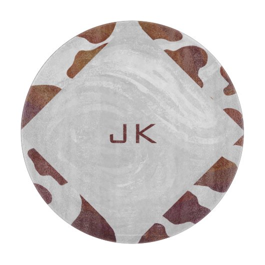 Koe bruin en wit monogram snijplank (Voorkant)