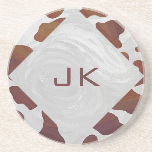 Koe bruin en wit monogram zandsteen onderzetter (Voorkant)