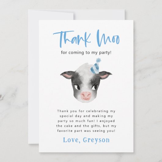 Koe Dank Moo Boy Verjaardagsfeestje Bedankkaart (Voorkant)