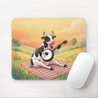 Koe die een banjo speelt op een deken muismat