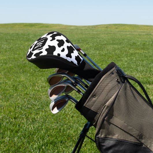 Koe Dierenprint Gevlekt Zwart-wit Monogram Golfheadcover (Insitu)